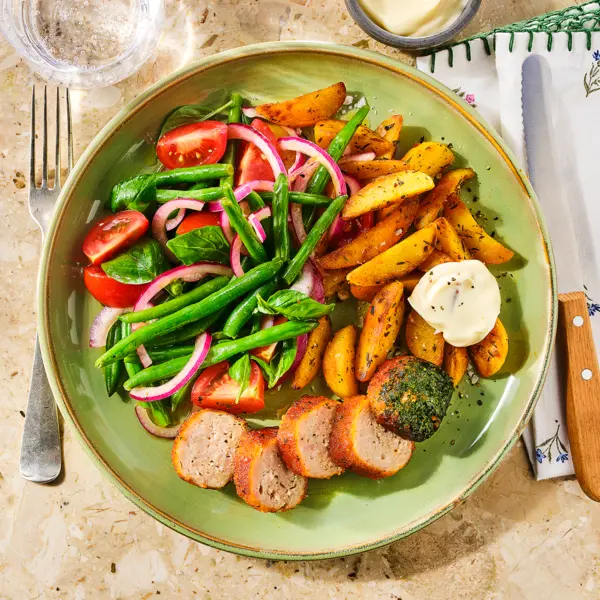 Boomstammetje met sperziebonensalade en Toscaanse aardappeltjes