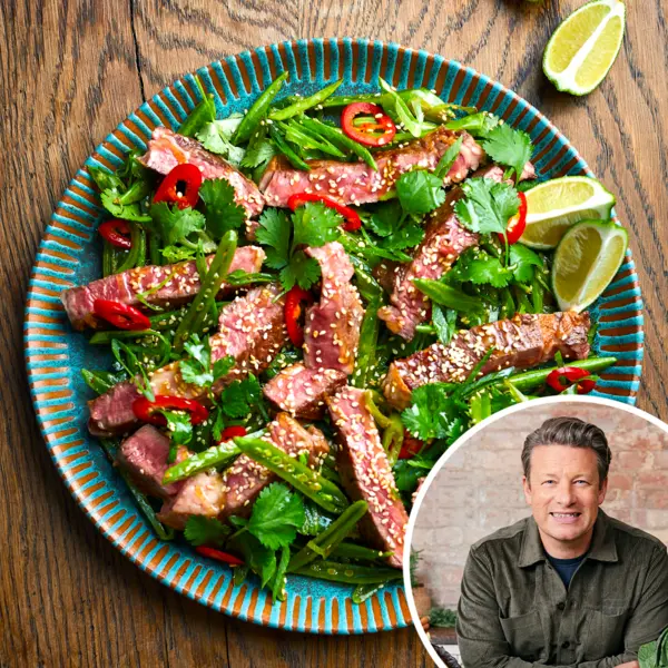 Steaksalade met sesam en sugar snaps