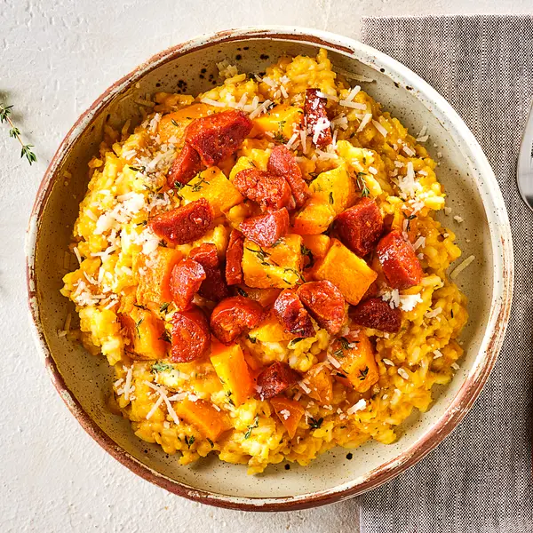 Pompoenrisotto met knapperige chorizo