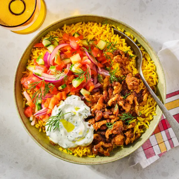 Shoarmabowl met kipgehakt  en frisse salade