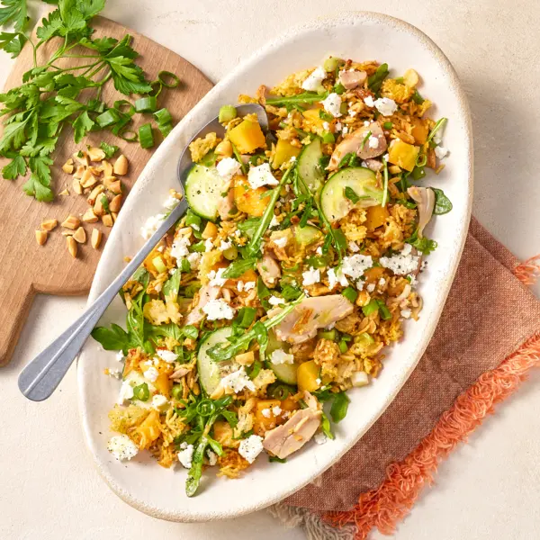 Crispy rijstsalade met kip en meloen