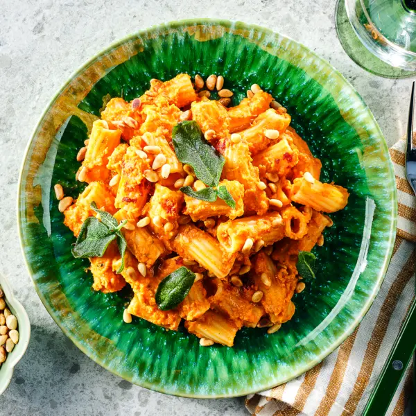 Rigatoni met pompoen en nduja