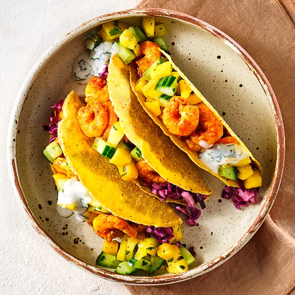 Crispy garnalentaco's met mangosalsa