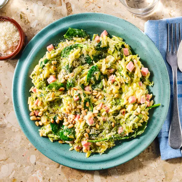 Romige prei-orzo met ham en kaas