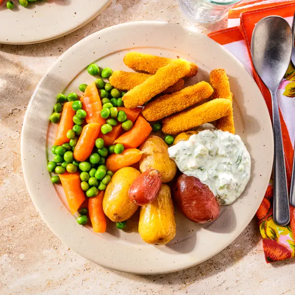 Visfriet met ravigotteyoghurt met stoomkrieltjes
