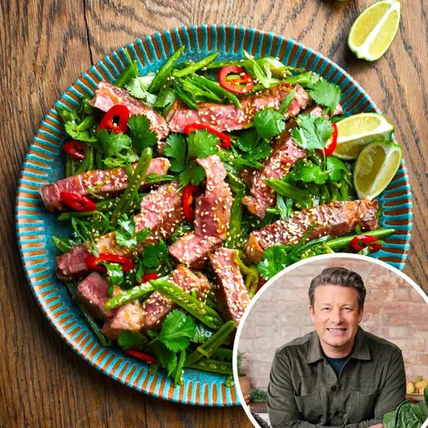 Steaksalade met sesam en sugar snaps