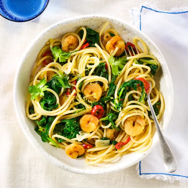 Citroen-knoflook spaghetti met garnalen