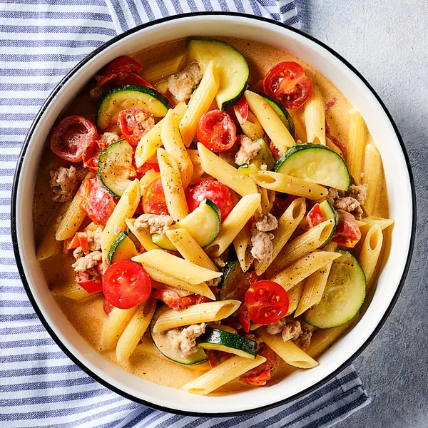 Penne met blauwe kaas en braadworst