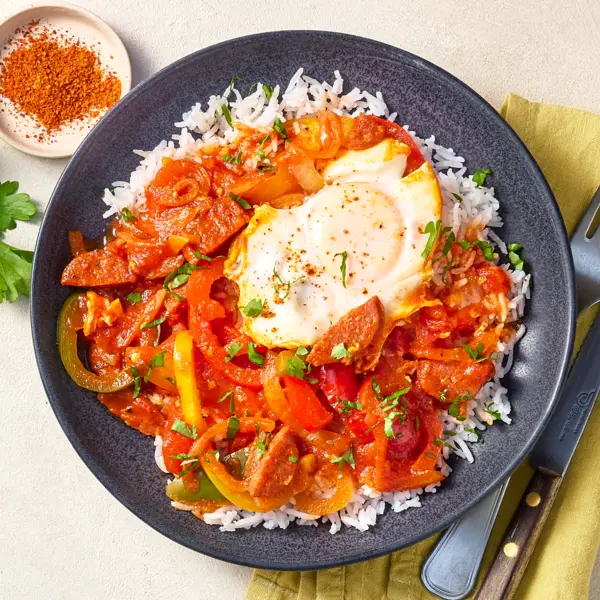 Spaanse stijl shakshuka met chorizo