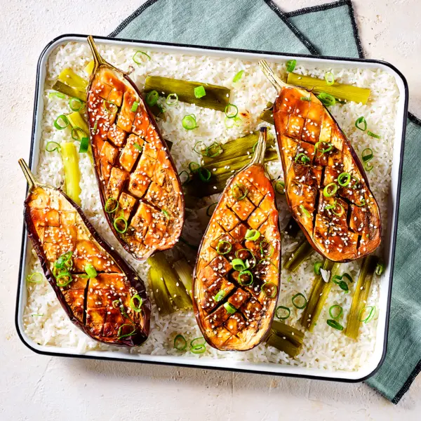 Miso aubergines met ovenrijst