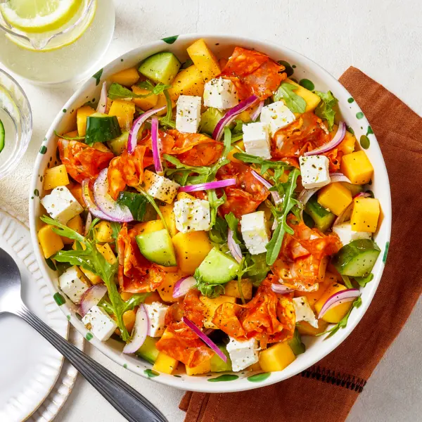 Meloensalade met feta en chorizo