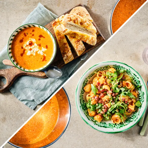Pasta met paprikasaus en spekjes + geroosterde paprikasoep