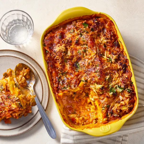 Lasagne met braadworst met gruyère en comté