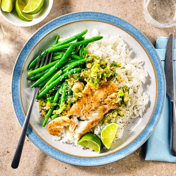 Kabeljauw met gember-bosui, boontjes en rijst