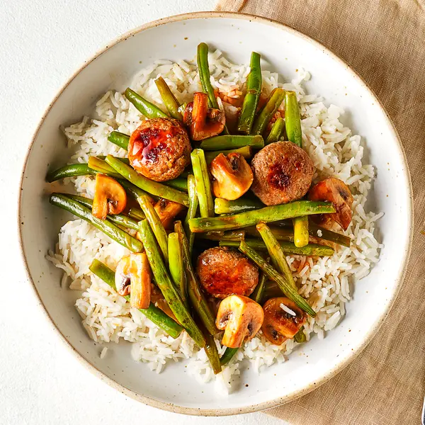 Teriyaki gehaktballetjes met champignons en boontjes