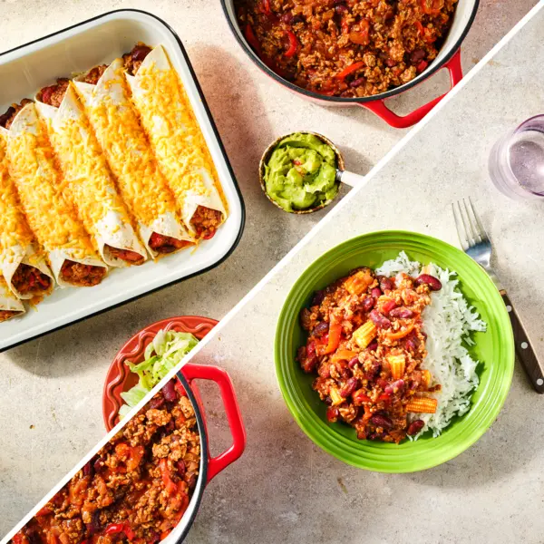 Chili con carne met rijst + enchiladas met cheddar