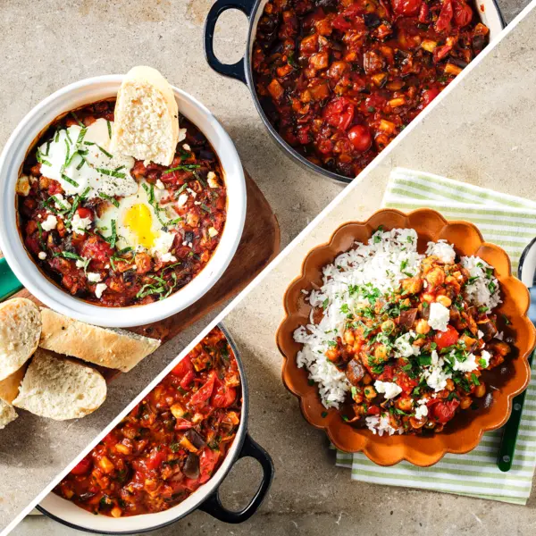 Aubergine-tomatenstoof met harissa + shakshuka