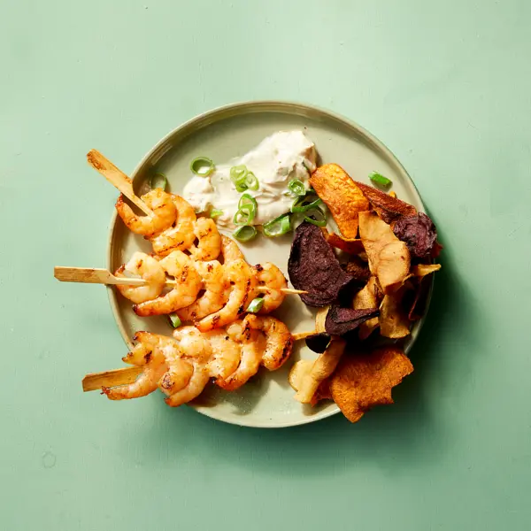 Gamba’s met honing-knoflooksaus