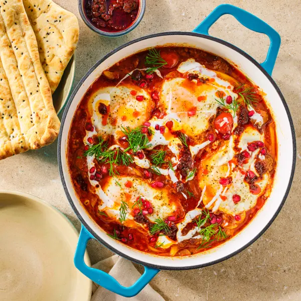 Shakshuka met harissa en gehaktballetjes