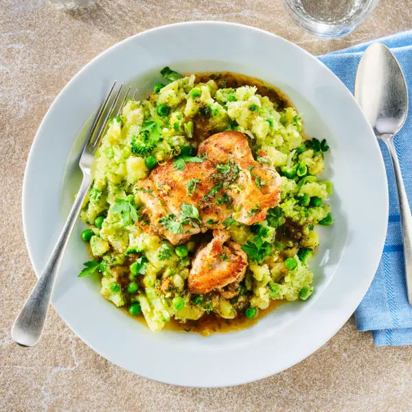 Broccoli-doperwtenstamppot met citroenkip