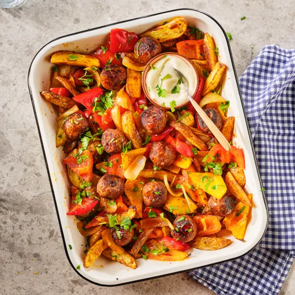 Spaanse stijl traybake met chorizo-gehaktballetjes