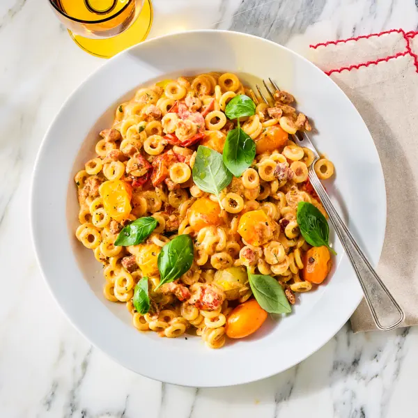 Anelli in mascarpone rode-pestosaus met pancetta