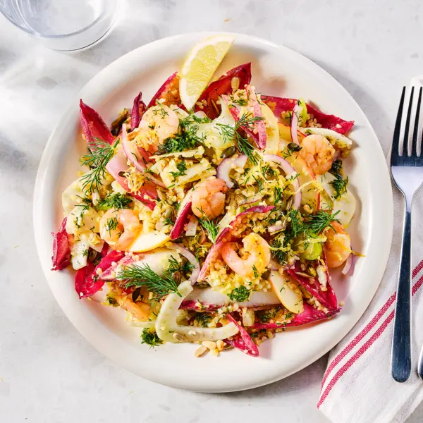 Bulgursalade met venkel, appel en garnalen