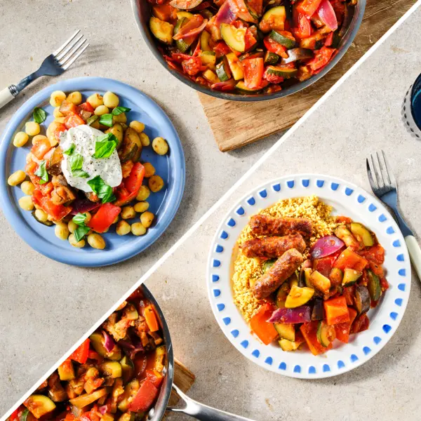 Ratatouille met couscous en worstjes + gnocchi met burrata en basilicum