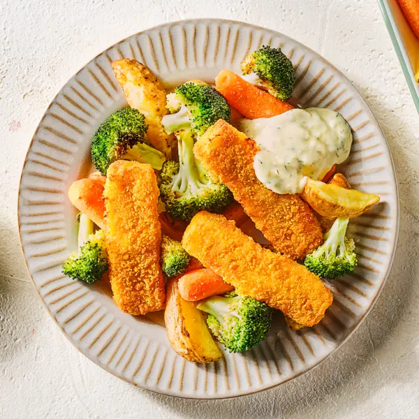 Visstick-traybake met dillemayo