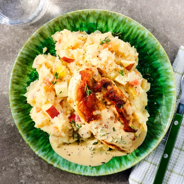 Knolselderijstamppot met honing-mosterd kip