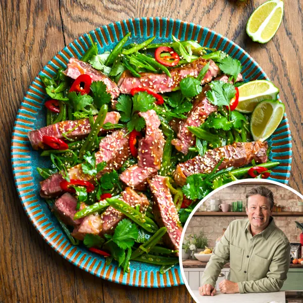 Steaksalade met sesam en sugar snaps