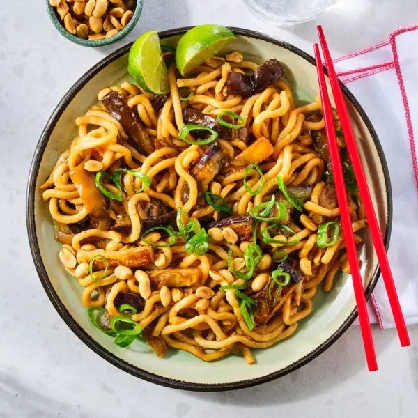 Sticky aubergine udon
