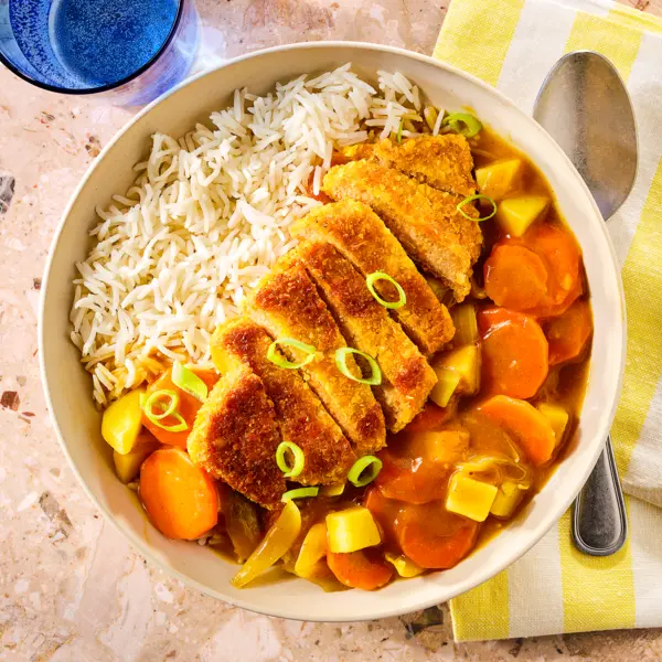 Vegan katsu curry met rijst