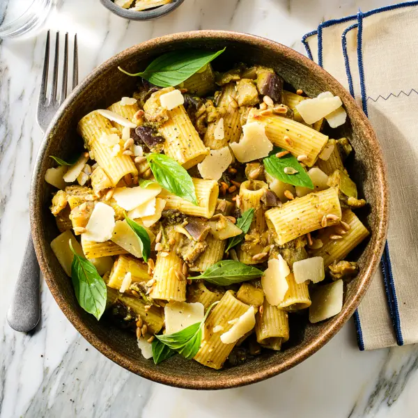 Pasta misopesto met aubergine en zonnebloempitten