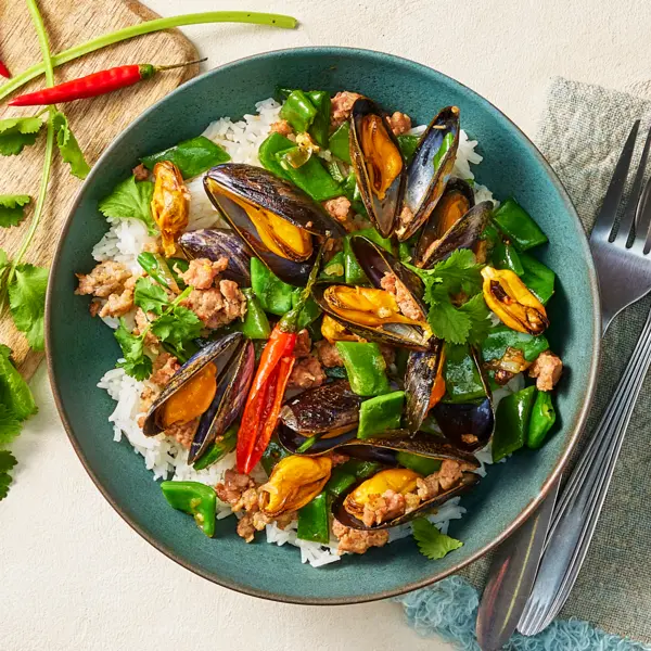 Mosselen Aziatische stijl met gehakt en snijbonen