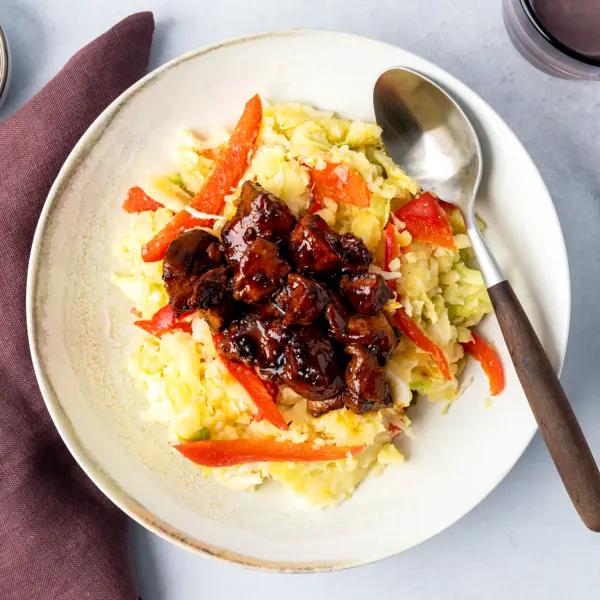 Spitskoolstamppot met pittige kip